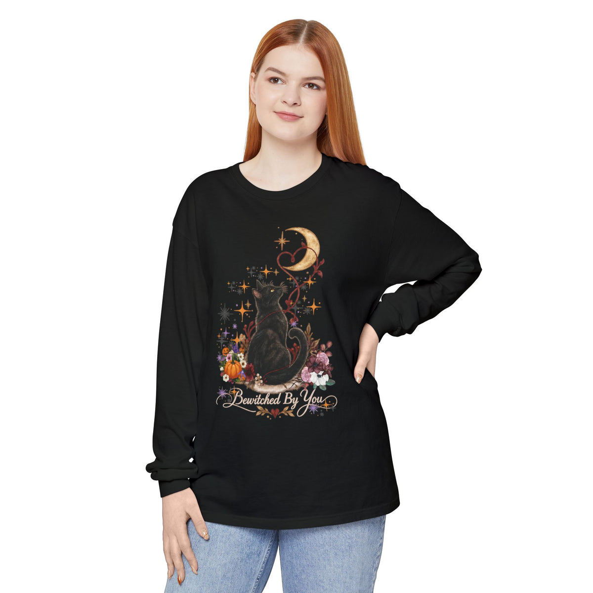 Black Cat Moon Long Sleeve Shirt — "Bewitched by You" Gothic Cat Tee