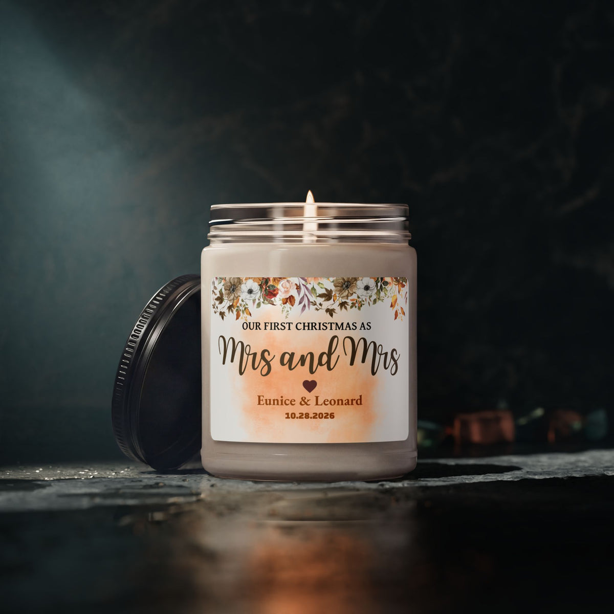 Personalized Our First Christmas as Mrs & Mrs Candle | 9oz Soy Candle | Custom Wedding Gift | Lesbian Wedding Keepsake | Scented Glass Jar
