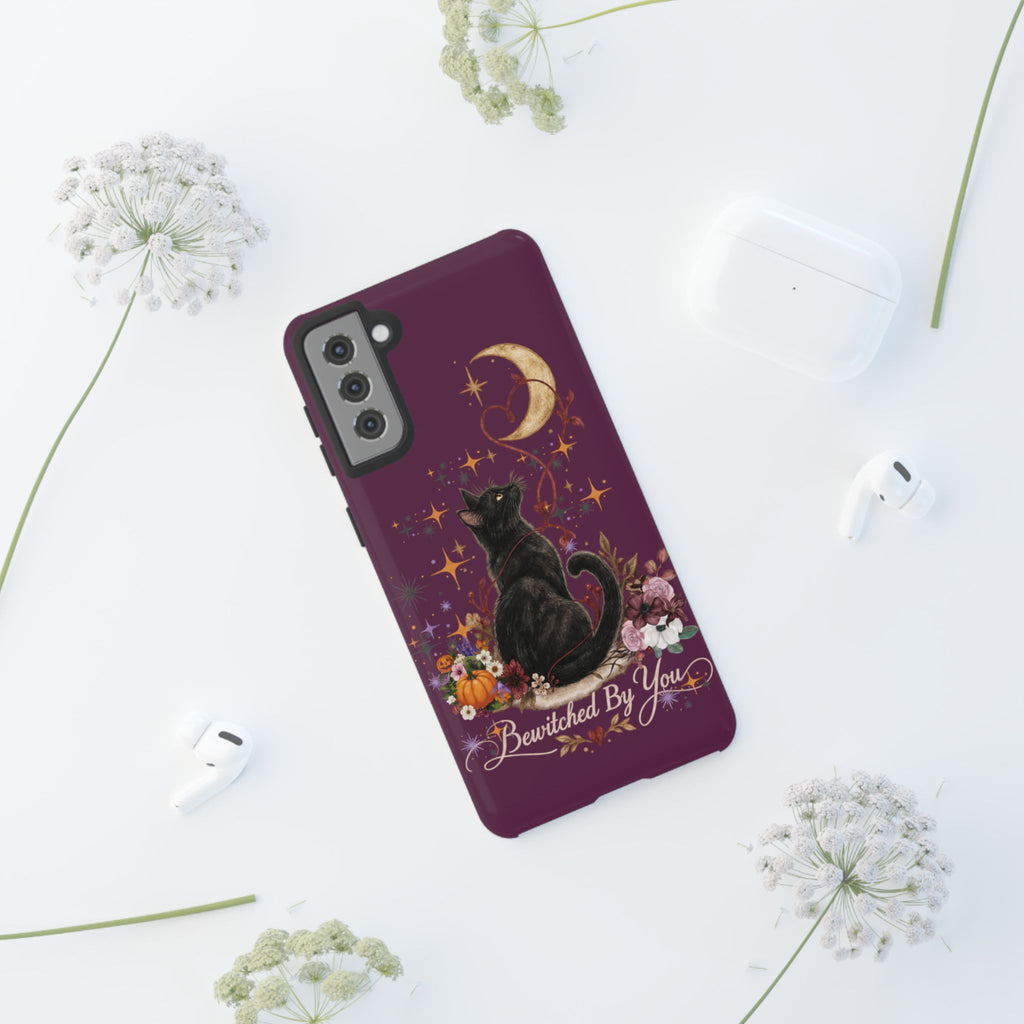 Black Cat Halloween Phone Case | Bewitched By You Witchy Moon & Pumpkin Tough Case | Dual-Layer Protective Cover for iPhone & Samsung
