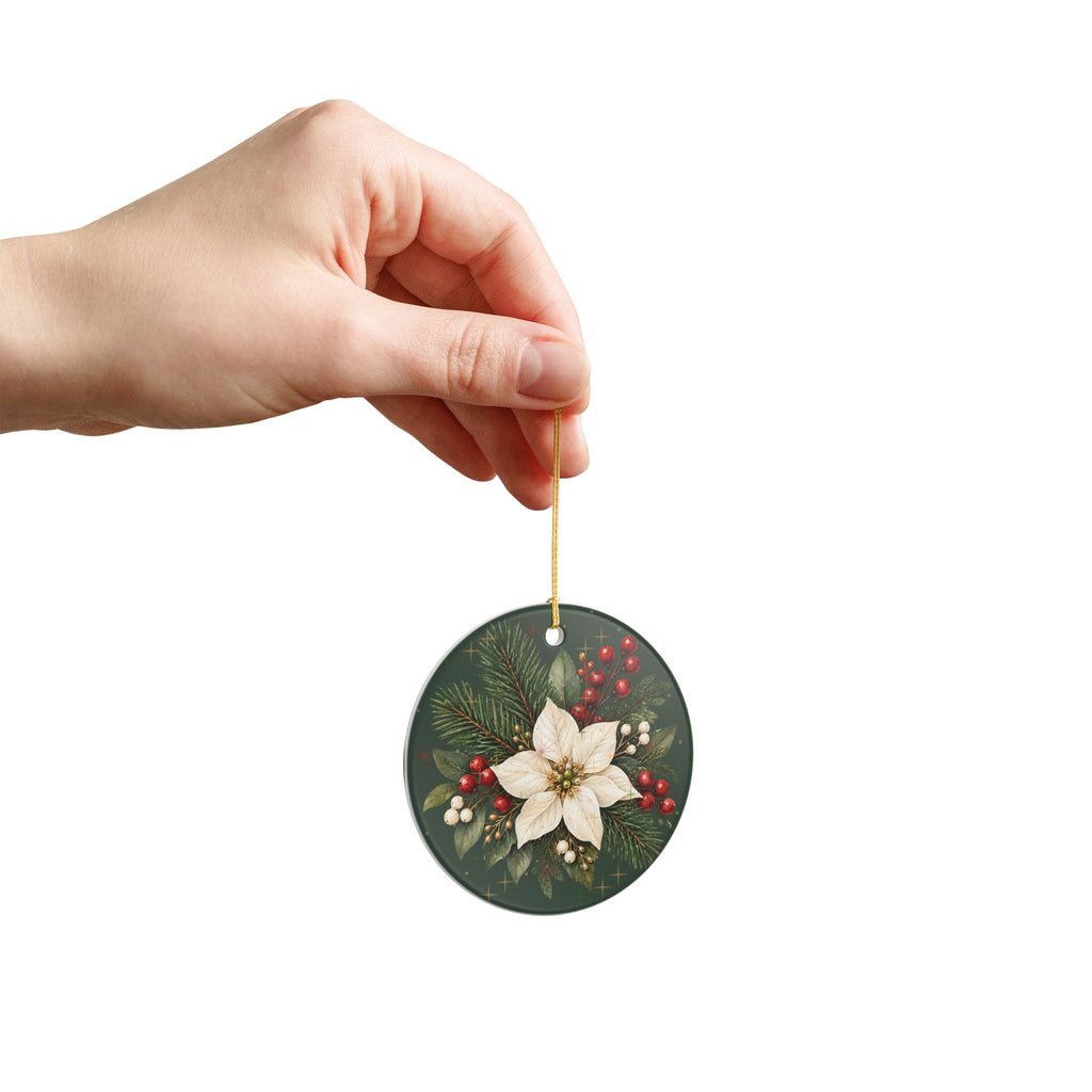 Personalized Ceramic Christmas Ornament – Poinsettia & Pine Family Keepsake (Custom Name, Christmas 2026)