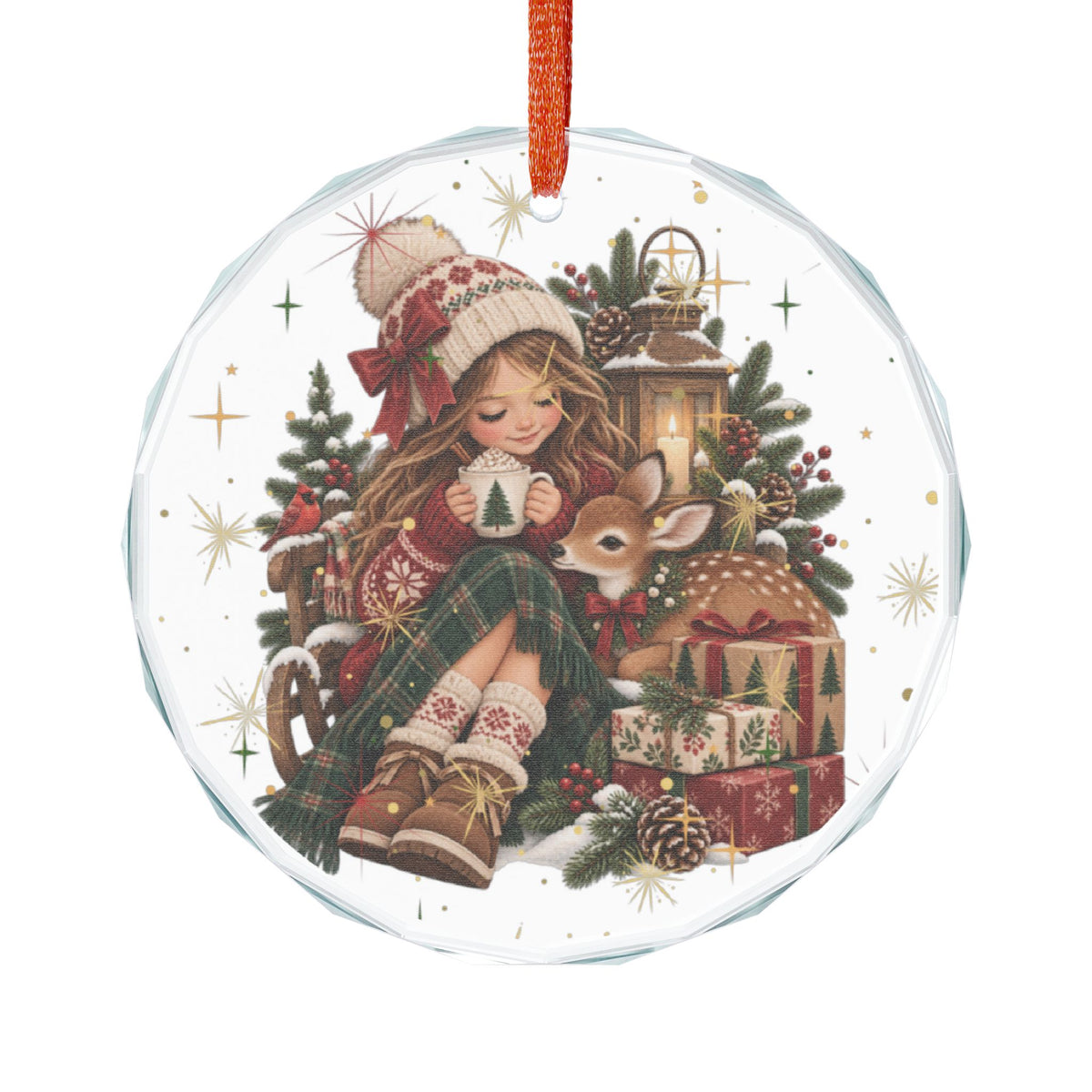 Heart Crystal Ornament — Cute Girl & Fawn Christmas Holiday Decoration