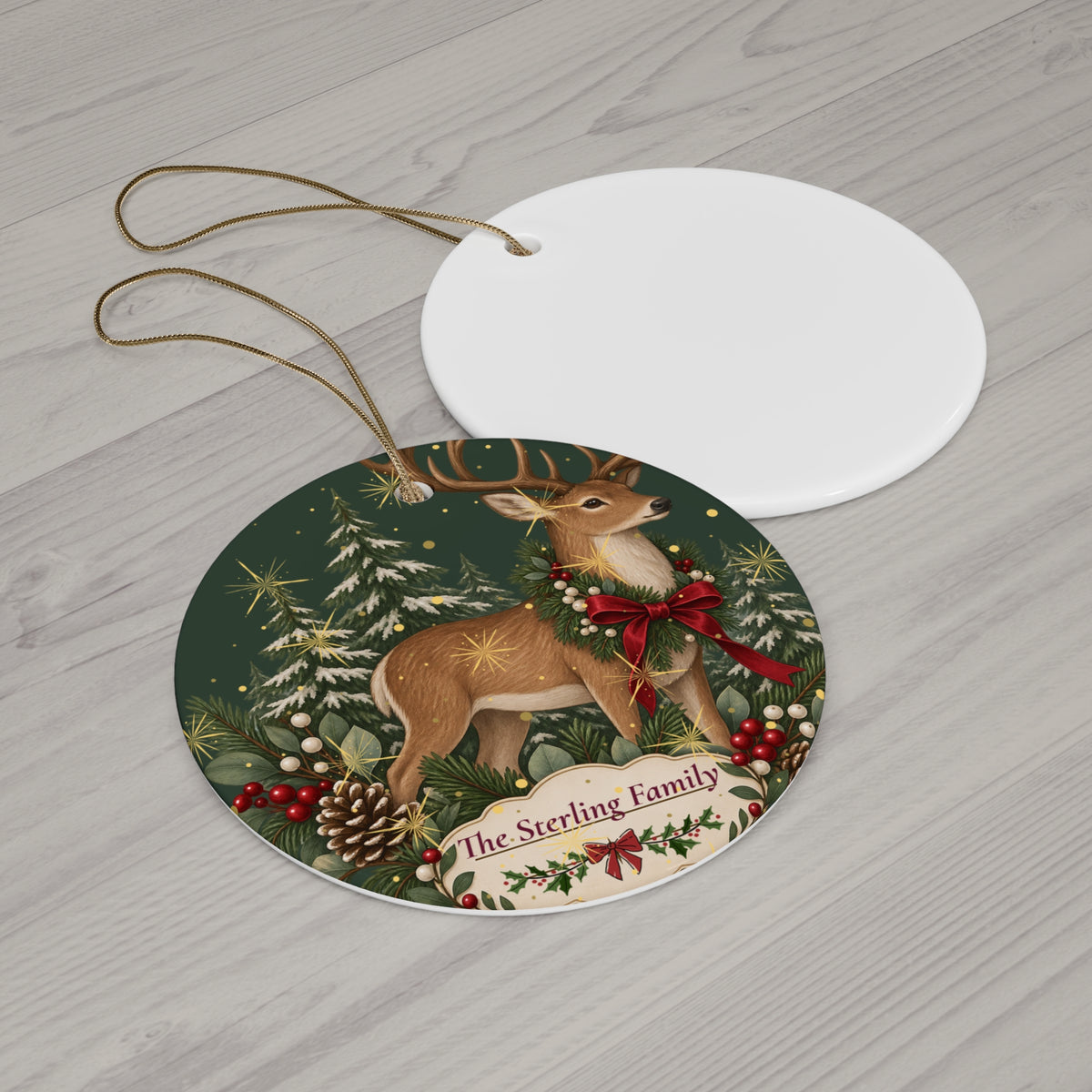 Personalized Christmas Reindeer Ceramic Ornament – Family Name Holiday Keepsake