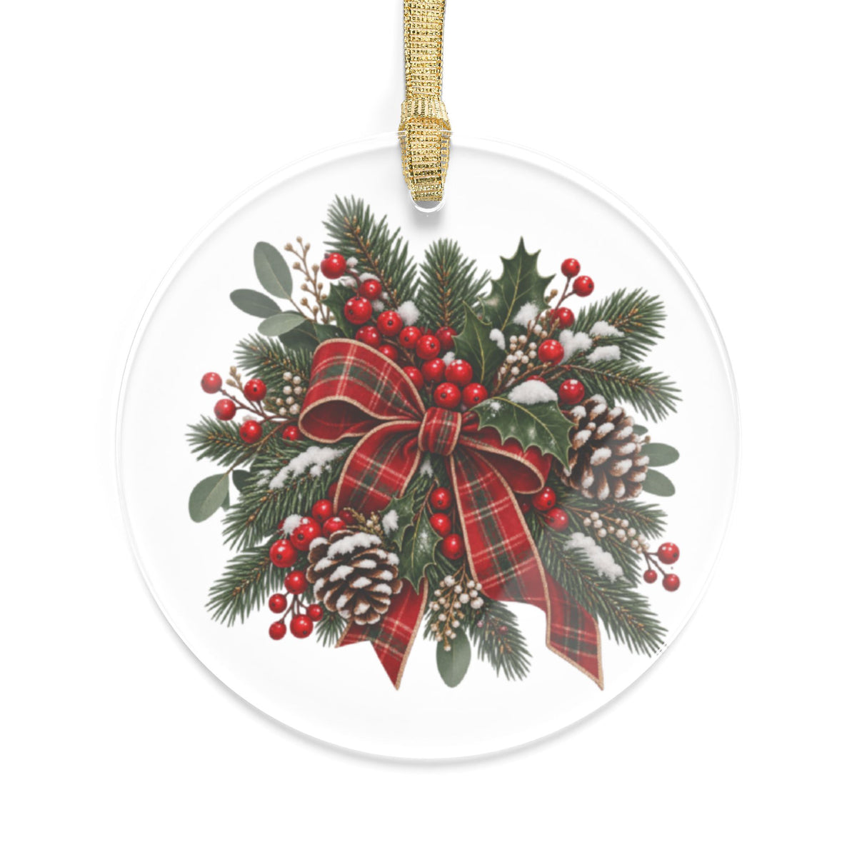 Christmas Wreath Acrylic Ornament — Plaid Bow, Pine & Berries Holiday Decoration