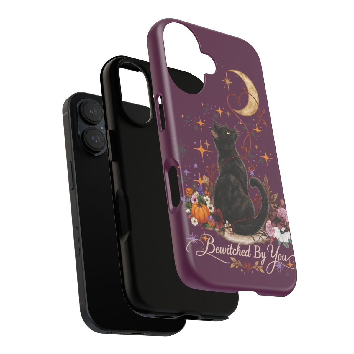 Black Cat Halloween Phone Case | Bewitched By You Witchy Moon & Pumpkin Tough Case | Dual-Layer Protective Cover for iPhone & Samsung