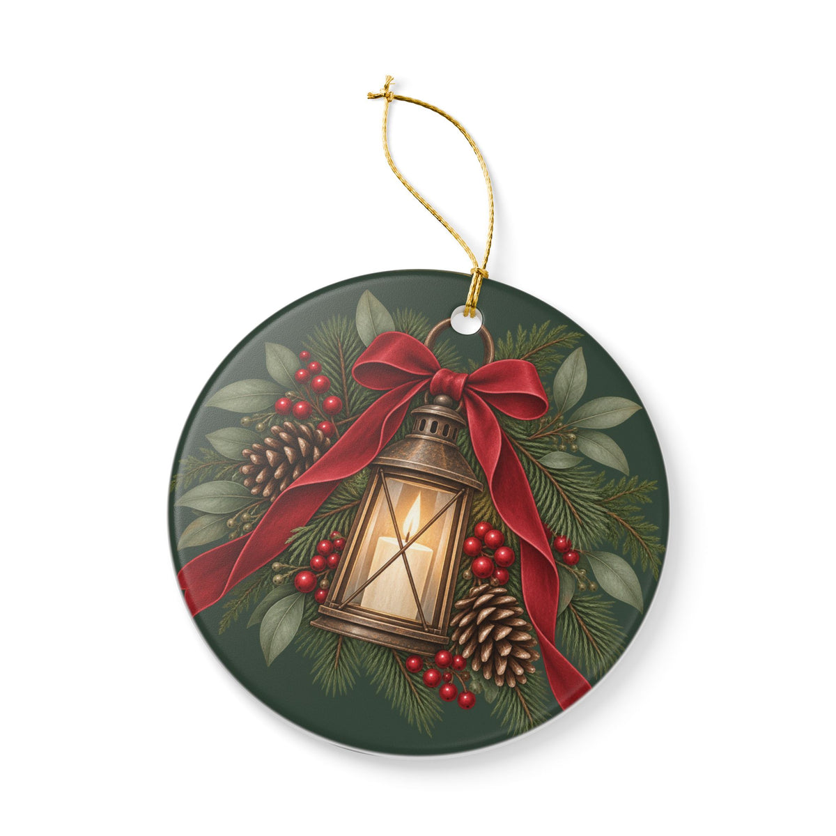 Personalized Ceramic Christmas Ornament — Lantern & Red Bow Family Holiday Decoration
